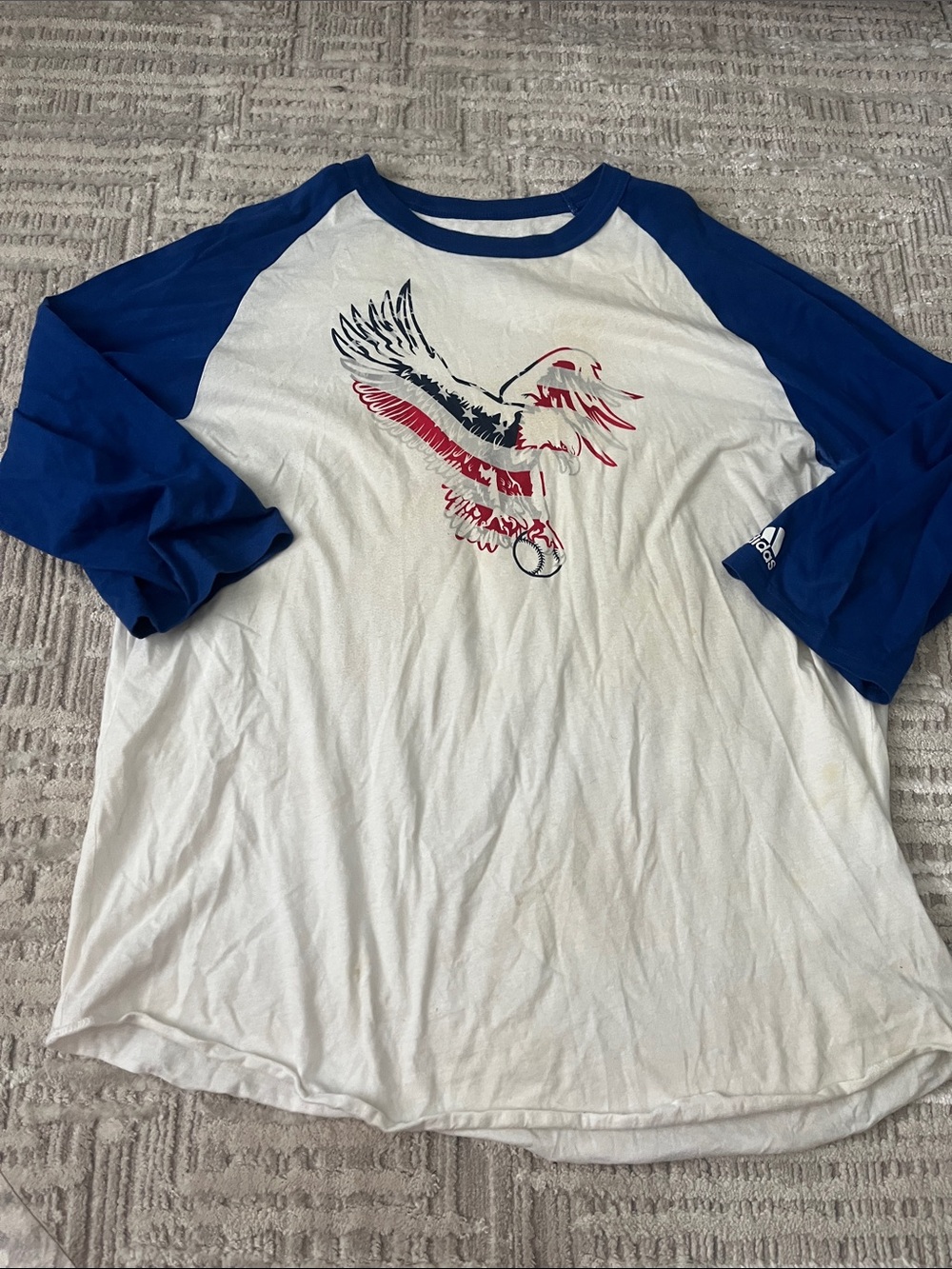 adidas Men’s White & Blue Raglan Eagle Graphic Long Sleeve Tee